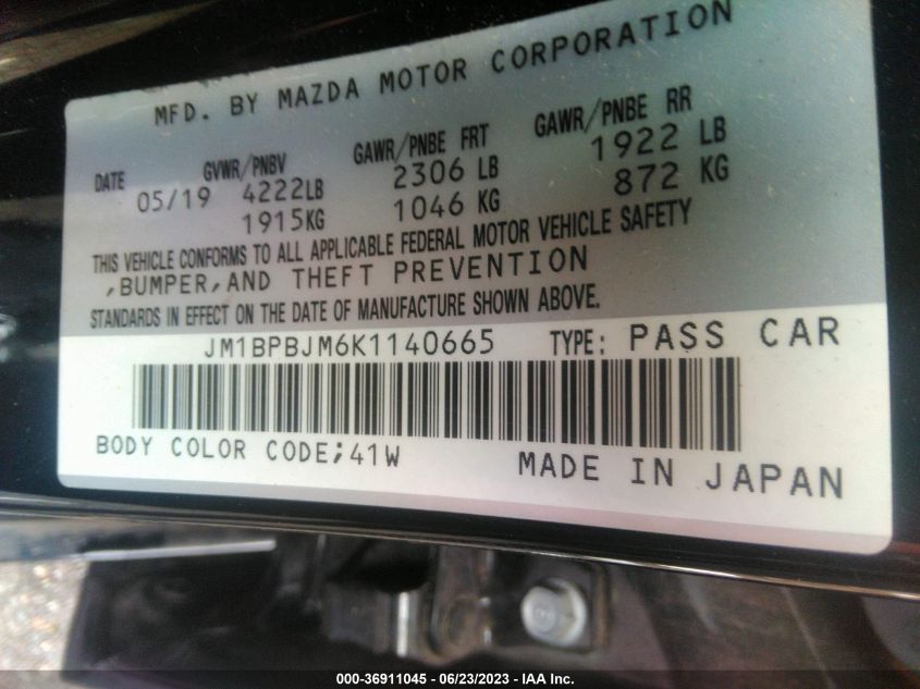 2019 MAZDA MAZDA3 HATCHBACK JM1BPBJM6K1140665