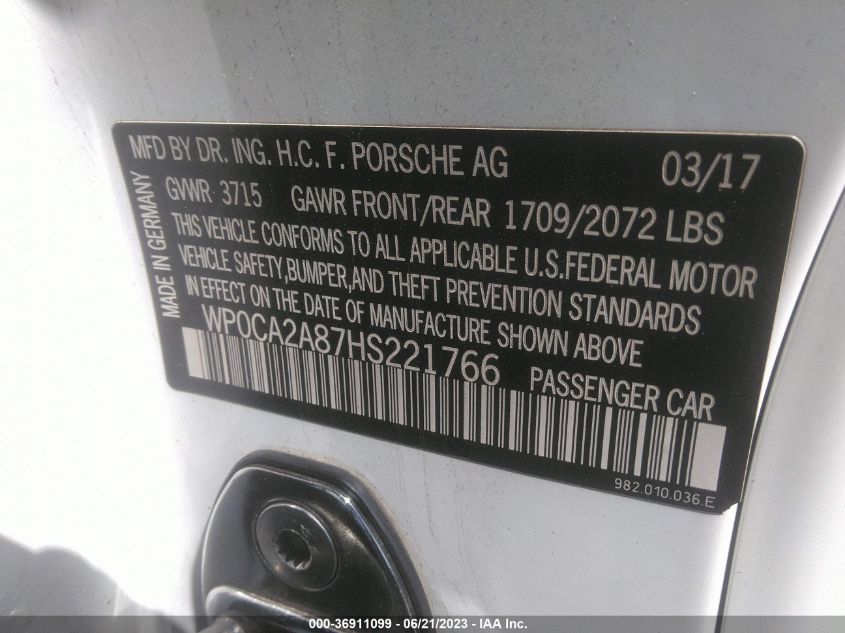 2017 PORSCHE 718 BOXSTER - WP0CA2A87HS221766