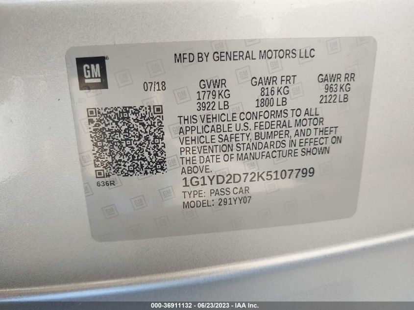 2019 CHEVROLET CORVETTE 2LT - 1G1YD2D72K5107799