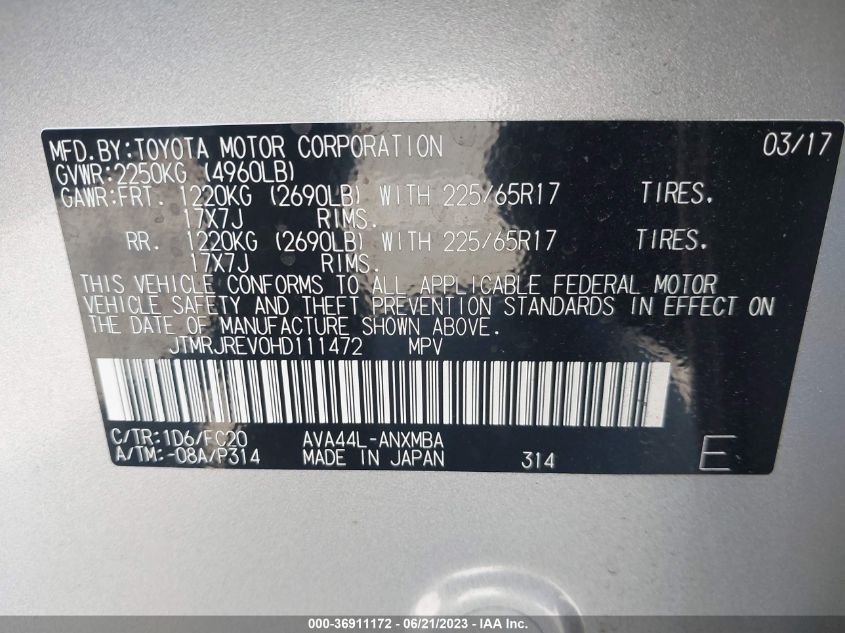 2017 TOYOTA RAV4 HYBRID XLE/LE PLUS - JTMRJREV0HD111472