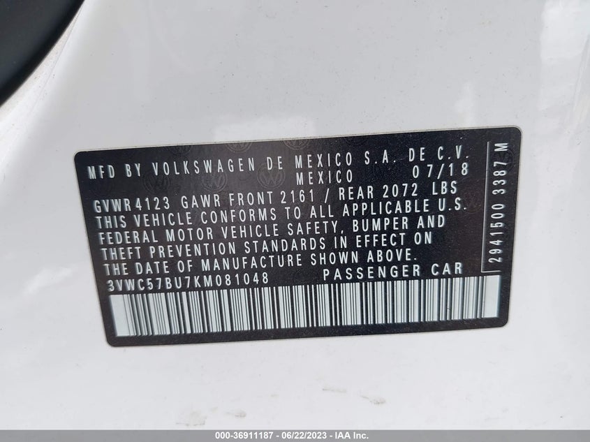 VIN 3VWC57BU7KM081048 2019 VOLKSWAGEN JETTA S/SE/R-LINE
