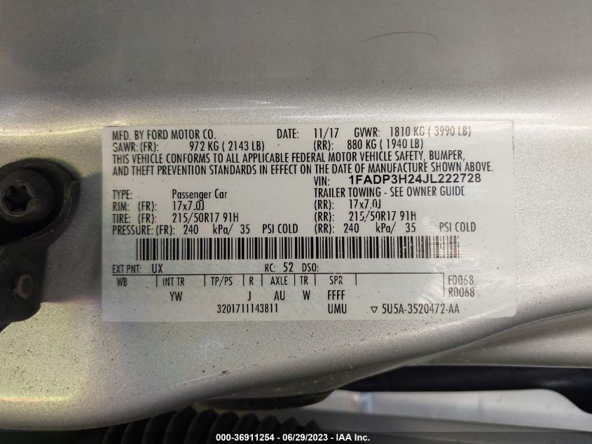 2018 FORD FOCUS SEL 1FADP3H24JL222728
