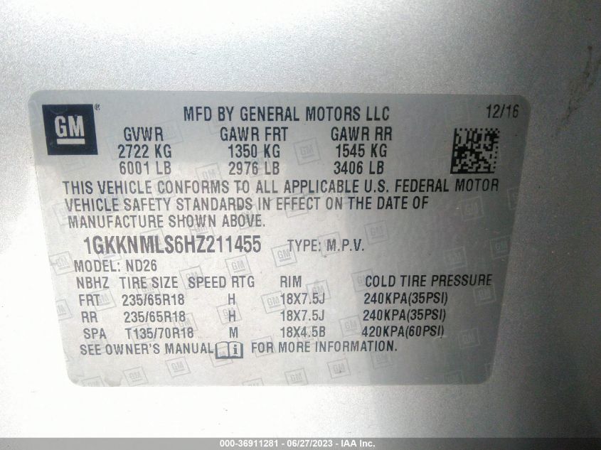 2017 GMC ACADIA SLT - 1GKKNMLS6HZ211455