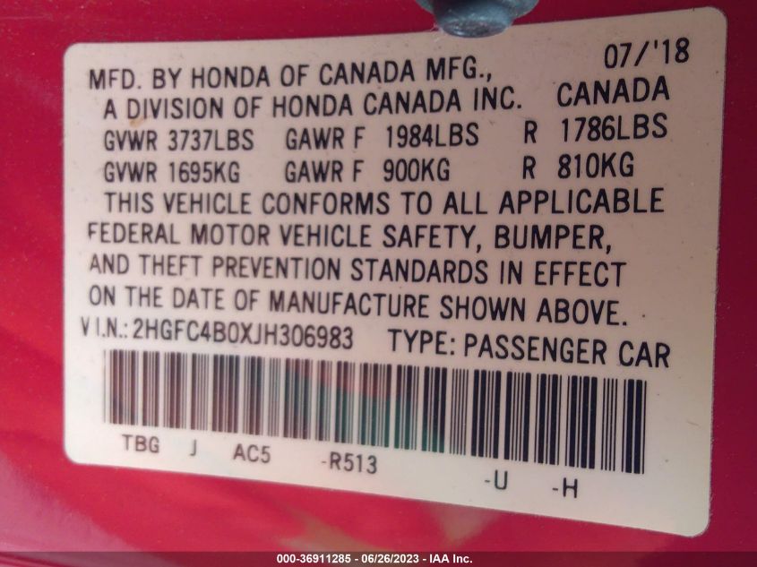 2018 HONDA CIVIC COUPE LX-P - 2HGFC4B0XJH306983