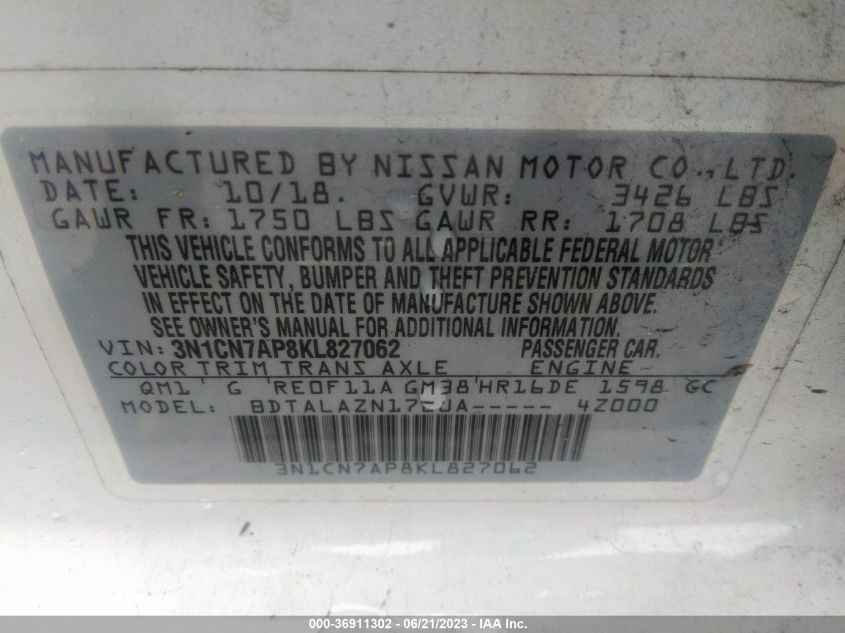 3N1CN7AP8KL827062 Nissan Versa Sedan S PLUS 9