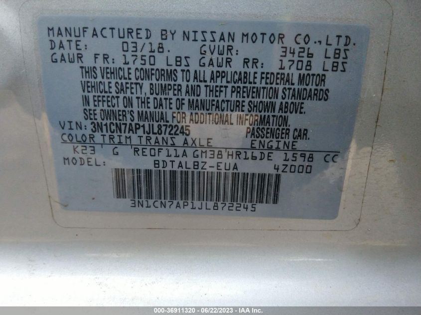 2018 NISSAN VERSA SEDAN SV - 3N1CN7AP1JL872245