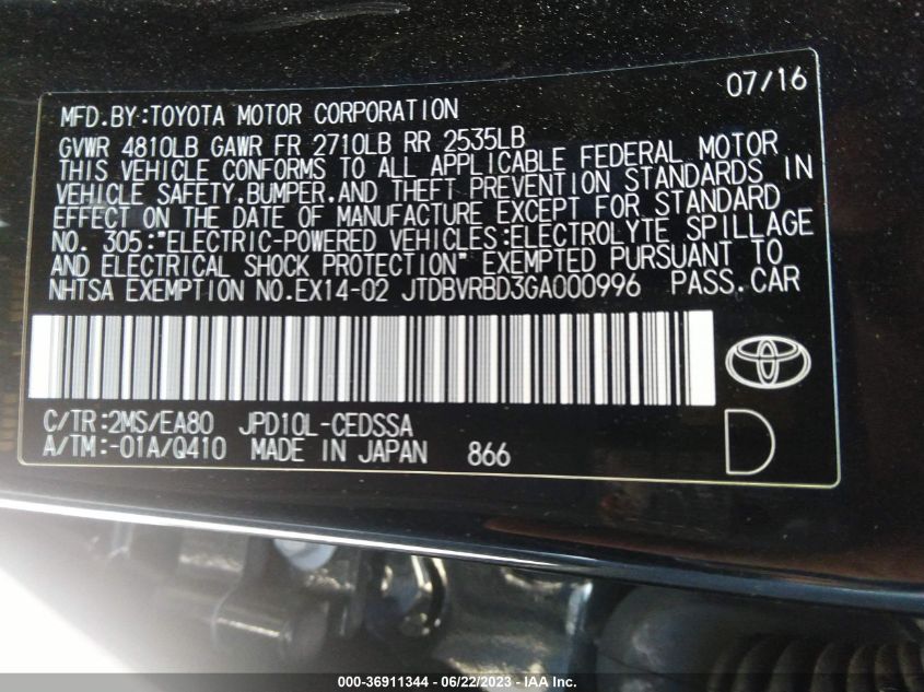 2016 TOYOTA MIRAI JTDBVRBD3GA000996