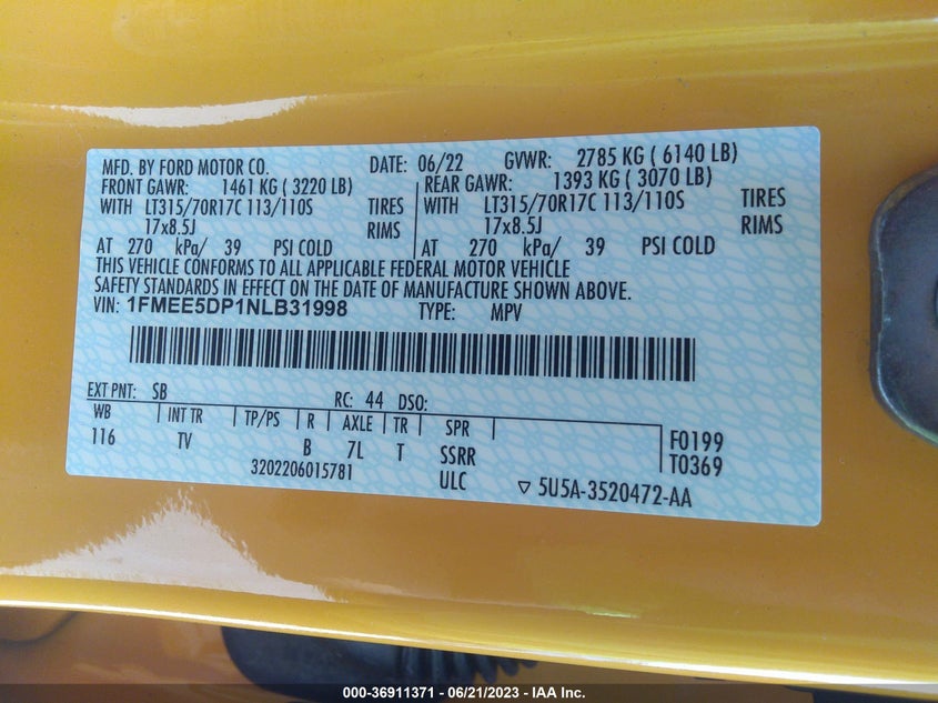 VIN 1FMEE5DP1NLB31998 2022 FORD BRONCO BASE/BIG BEND