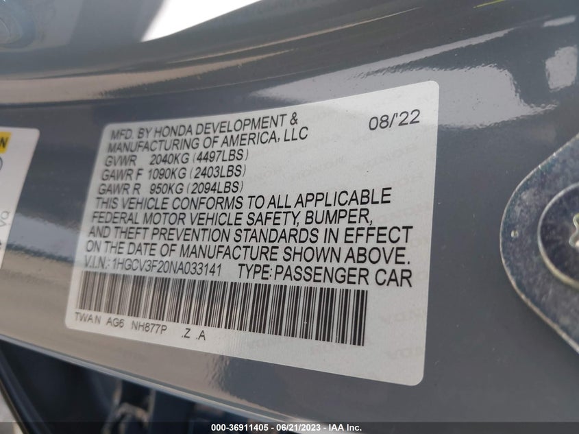 VIN 1HGCV3F20NA033141 2022 HONDA ACCORD HYBRID SPORT