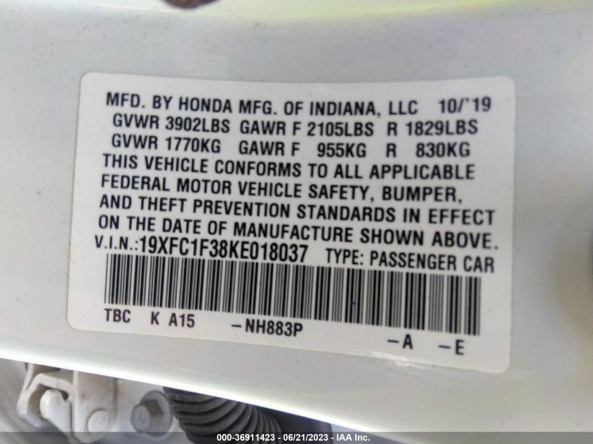 2019 HONDA CIVIC SEDAN EX - 19XFC1F38KE018037