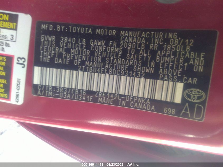 2013 TOYOTA COROLLA L/LE/S - 2T1BU4EE8DC931432