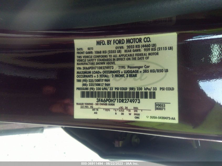 2013 FORD FUSION SE - 3FA6P0H71DR274973