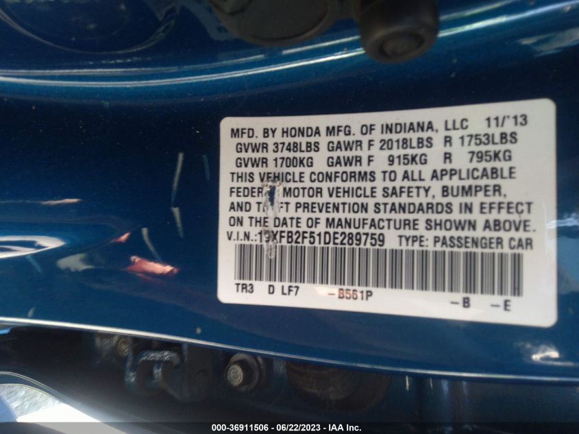 2013 HONDA CIVIC SDN LX - 19XFB2F51DE289759
