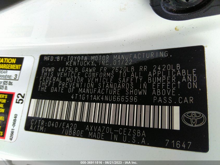 2022 TOYOTA CAMRY SE - 4T1G11AK4NU666596