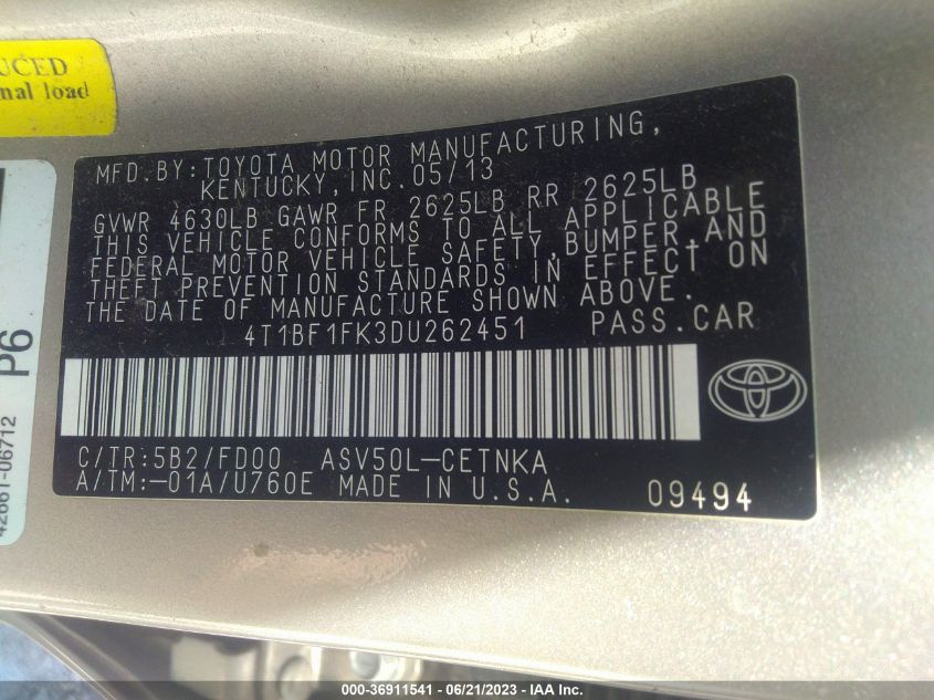 2013 TOYOTA CAMRY L/SE/LE/XLE - 4T1BF1FK3DU262451