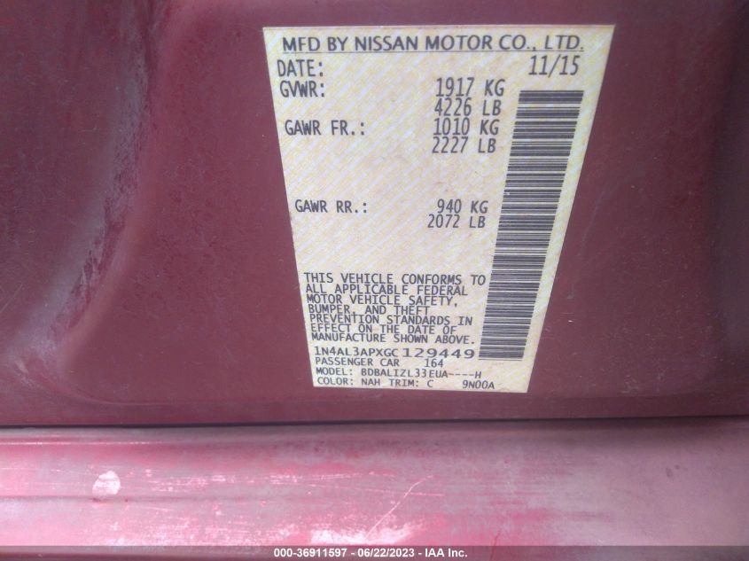 2016 NISSAN ALTIMA 2.5 SV - 1N4AL3APXGC129449