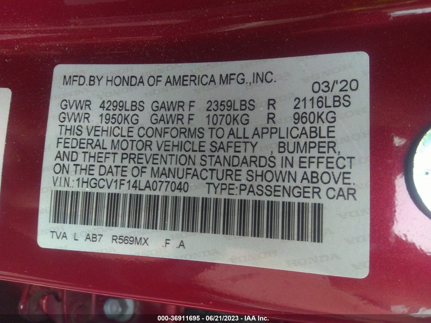 VIN 1HGCV1F14LA077040 2020 HONDA ACCORD SEDAN LX