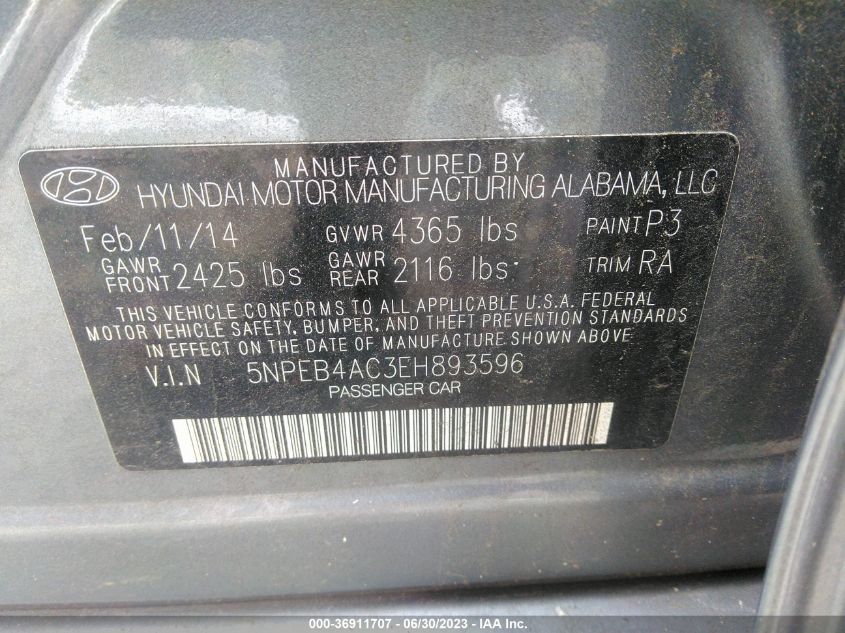 2014 HYUNDAI SONATA GLS - 5NPEB4AC3EH893596