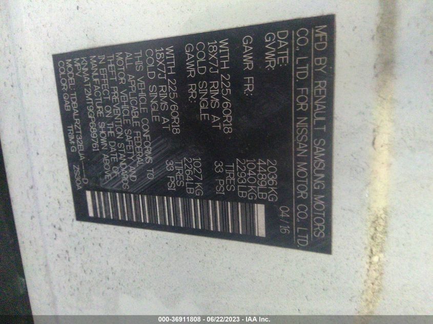 2016 NISSAN ROGUE SL - KNMAT2MT9GP689761