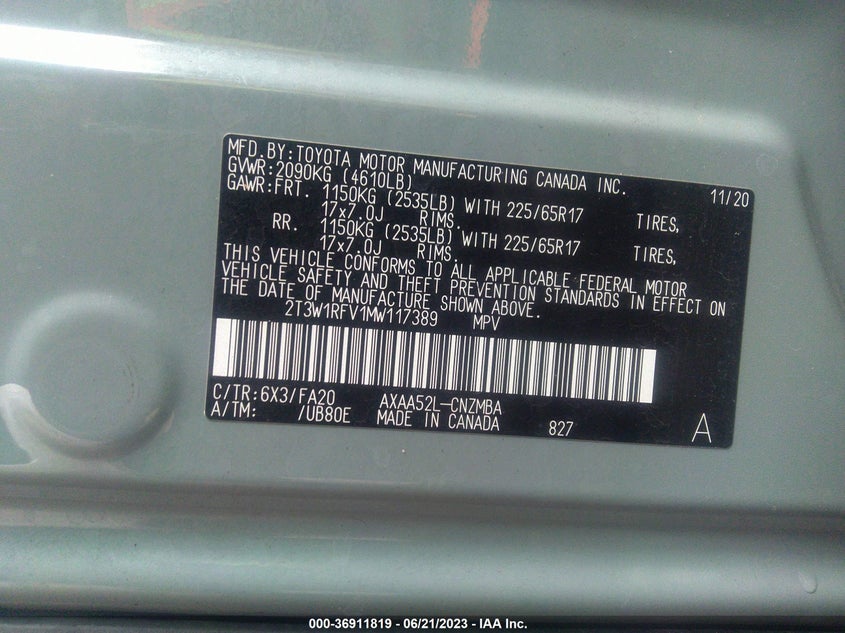 VIN 2T3W1RFV1MW117389 2021 TOYOTA RAV4 XLE