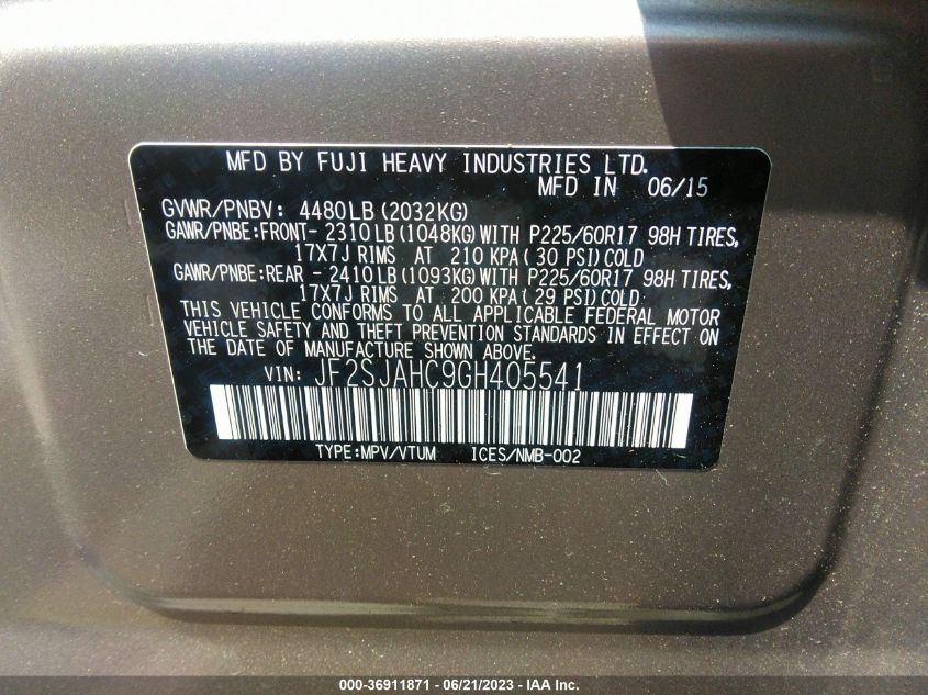 2016 SUBARU FORESTER 2.5I LIMITED - JF2SJAHC9GH405541