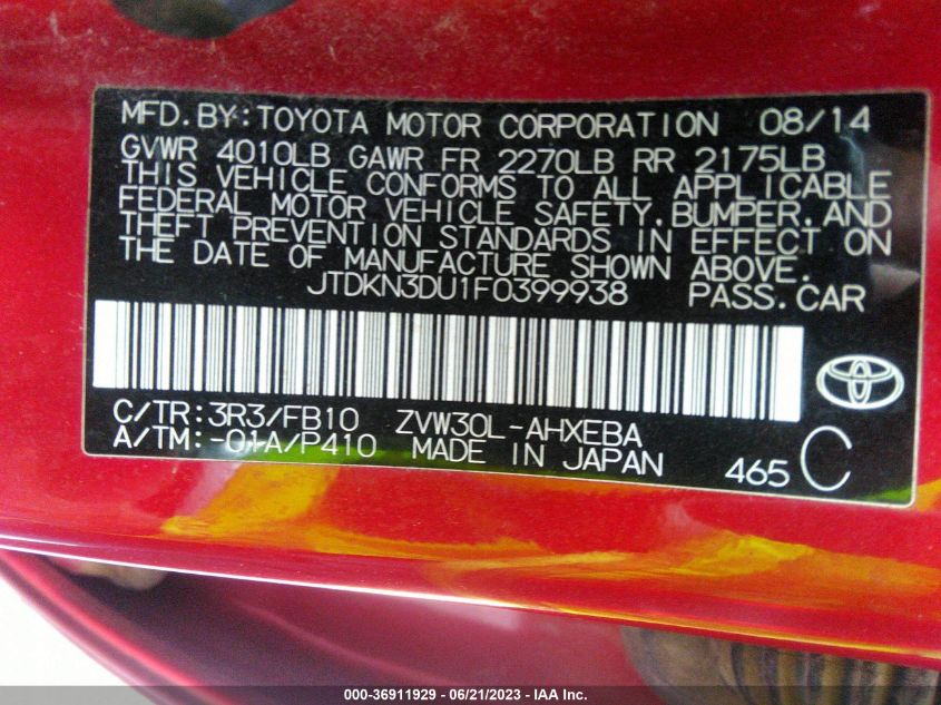 2015 TOYOTA PRIUS - JTDKN3DU1F0399938