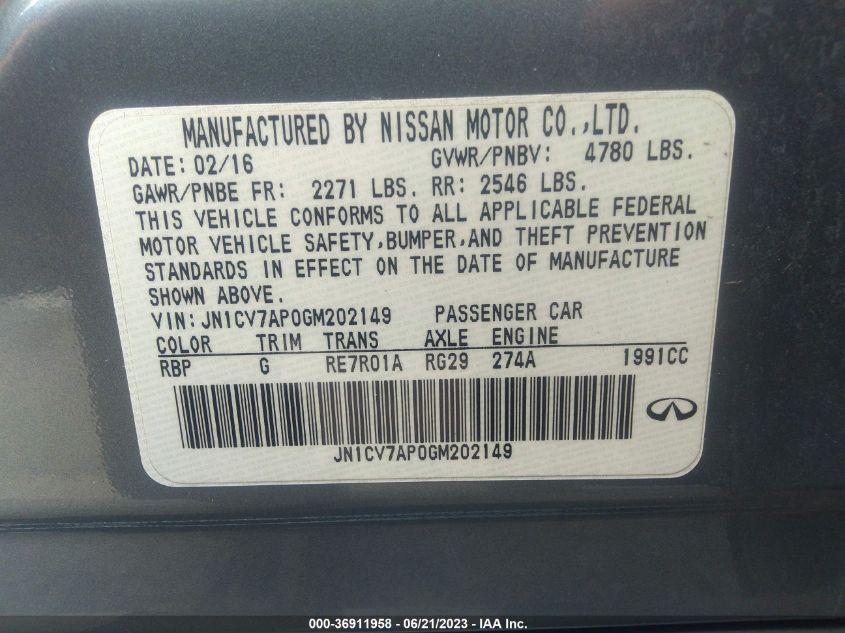 2016 INFINITI Q50 2.0T PREMIUM - JN1CV7AP0GM202149