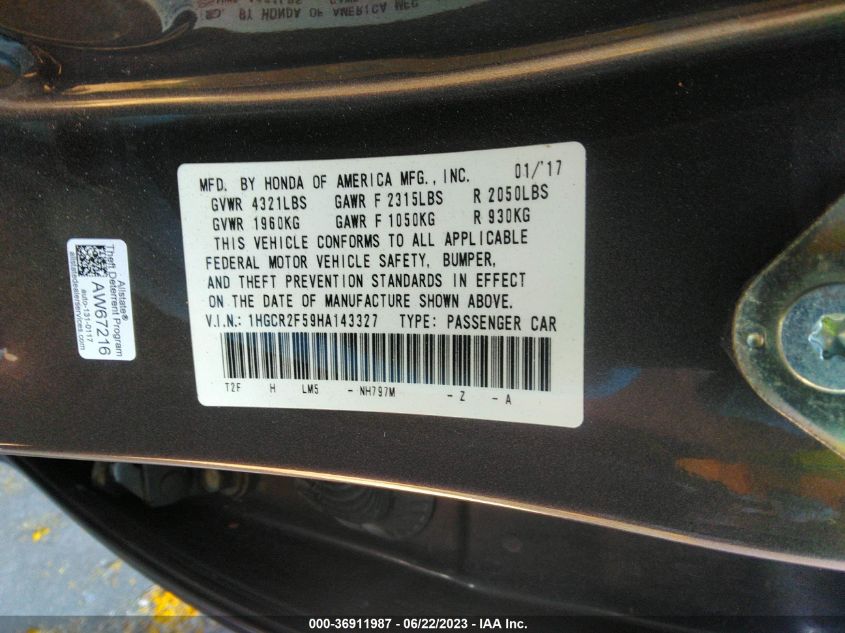 2017 HONDA ACCORD SEDAN SPORT - 1HGCR2F59HA143327