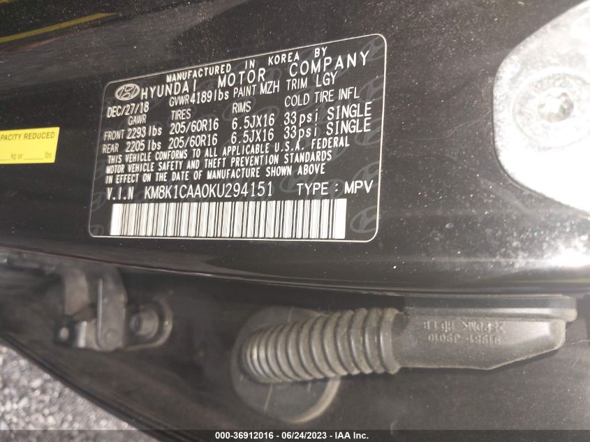 2019 HYUNDAI KONA SE - KM8K1CAA0KU294151