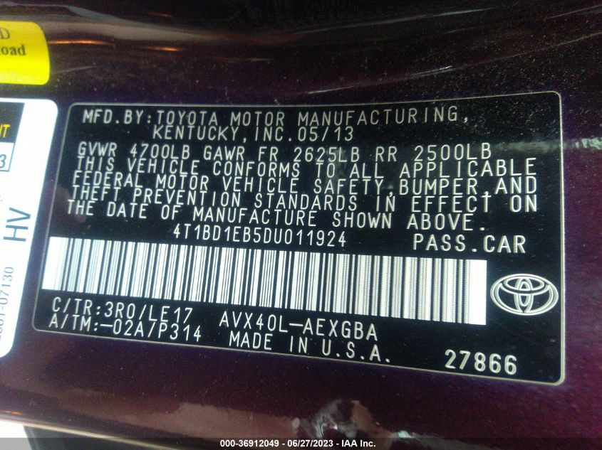 2013 TOYOTA AVALON HYBRID XLE PREMIUM 4T1BD1EB5DU011924