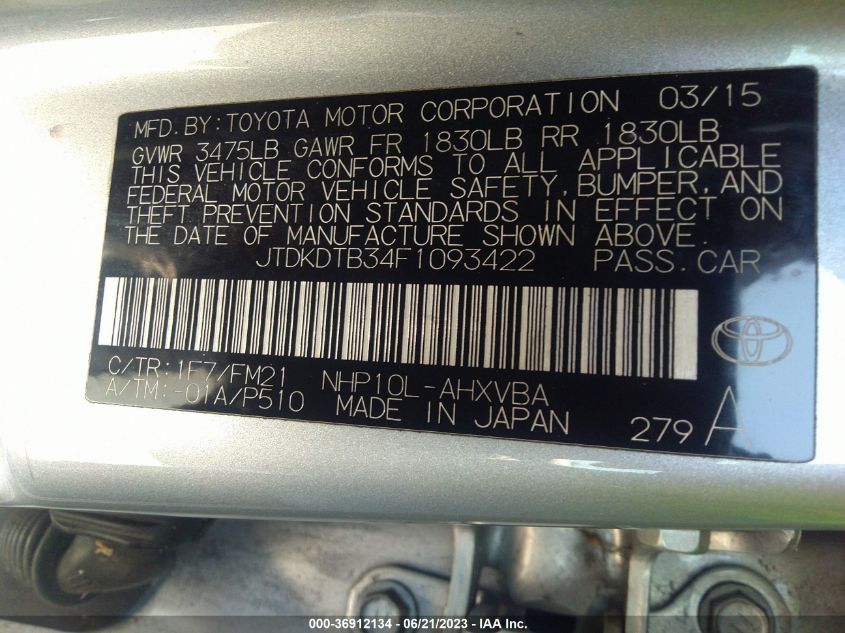 2015 TOYOTA PRIUS C ONE/TWO/THREE/FOUR - JTDKDTB34F1093422
