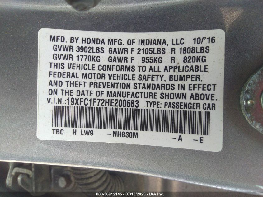 2017 HONDA CIVIC SEDAN EX-L - 19XFC1F72HE200683