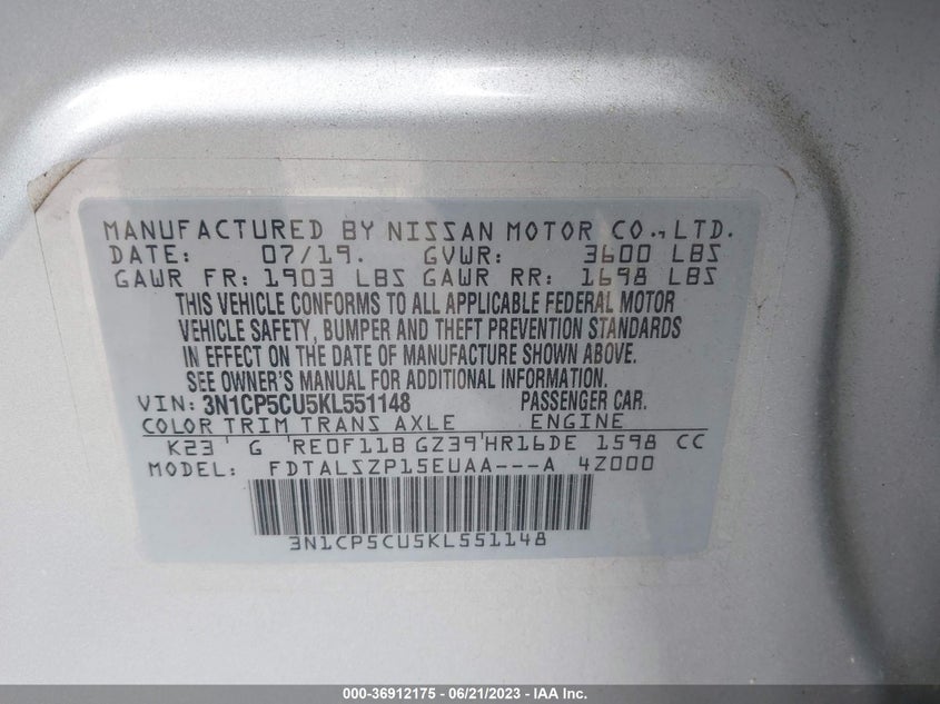 VIN 3N1CP5CU5KL551148 2019 NISSAN KICKS SV