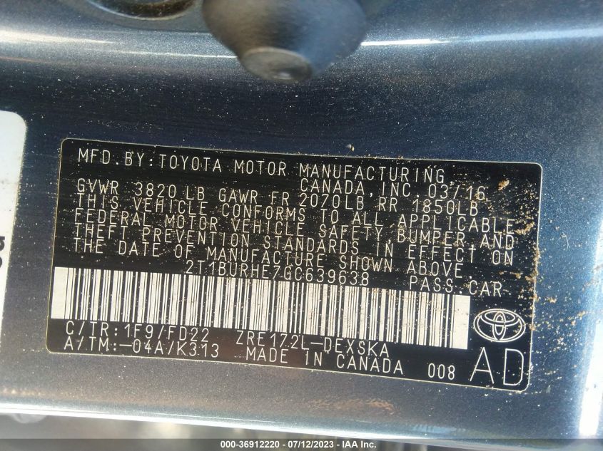 2016 TOYOTA COROLLA L/LE/S/S PLUS/LE PLUS - 2T1BURHE7GC639638
