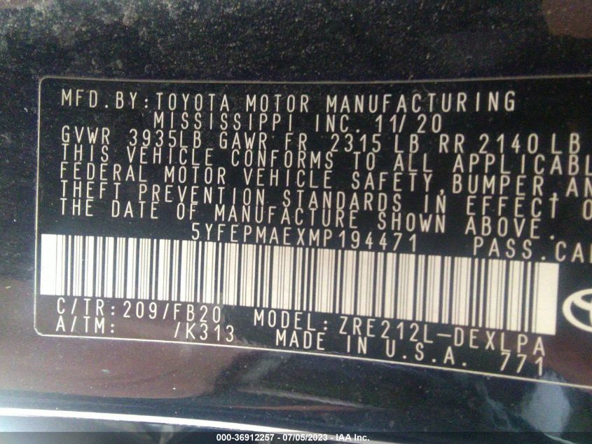 2021 TOYOTA COROLLA LE - 5YFEPMAEXMP194471
