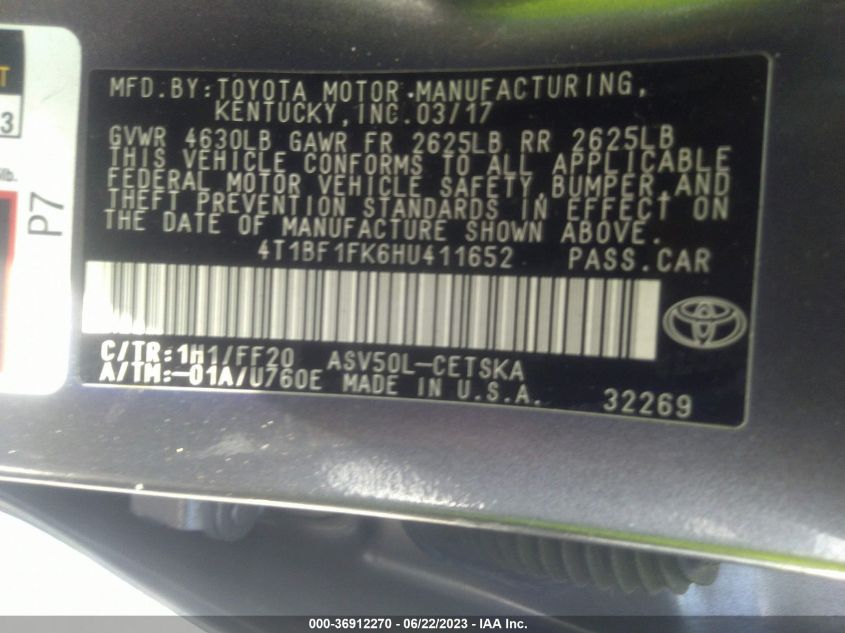 2017 TOYOTA CAMRY XLE/SE/LE/XSE - 4T1BF1FK6HU411652