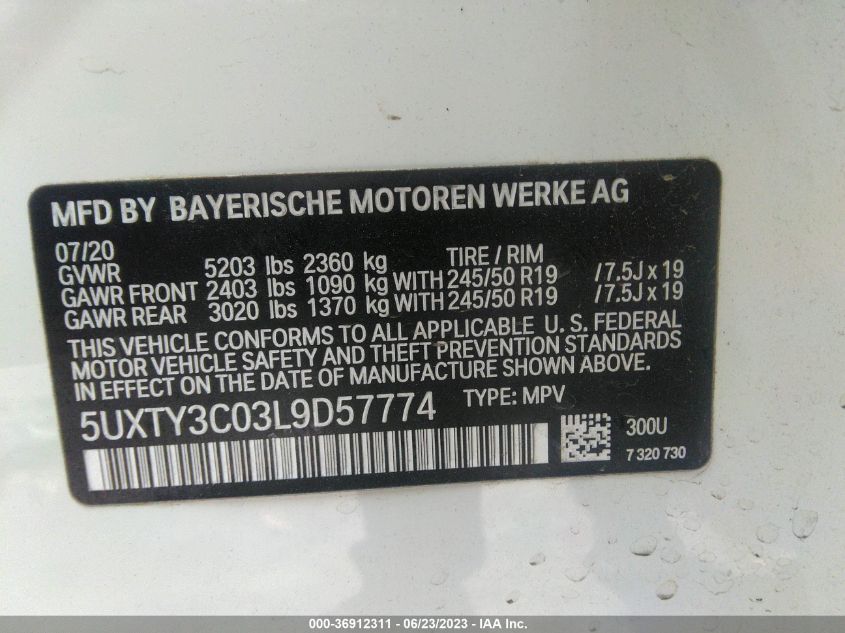 2020 BMW X3 SDRIVE30I - 5UXTY3C03L9D57774