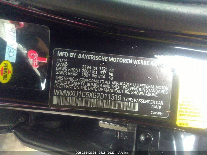 2016 MINI COOPER HARDTOP 4 DOOR - WMWXU1C5XG2D11319