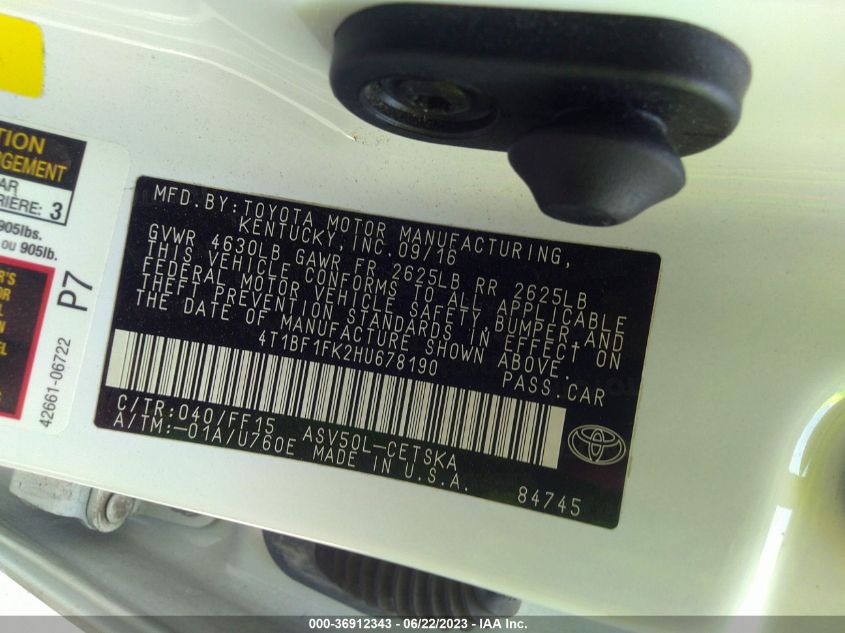 2017 TOYOTA CAMRY XLE/SE/LE/XSE - 4T1BF1FK2HU678190