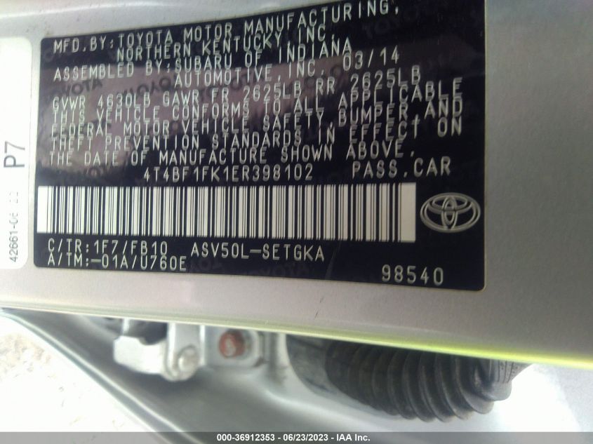 2014 TOYOTA CAMRY L/LE/XLE/SE/SE SPORT - 4T4BF1FK1ER398102