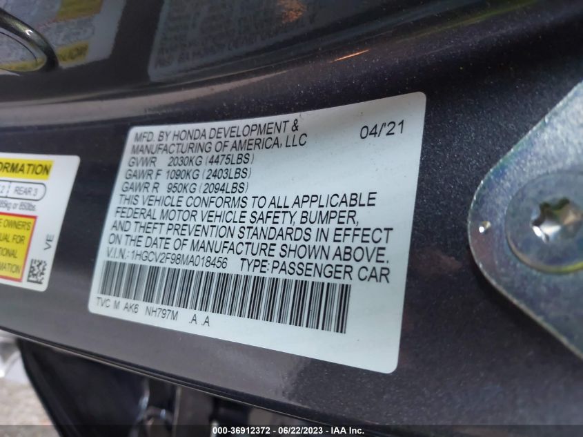 VIN 1HGCV2F98MA018456 2021 HONDA ACCORD SEDAN TOURING