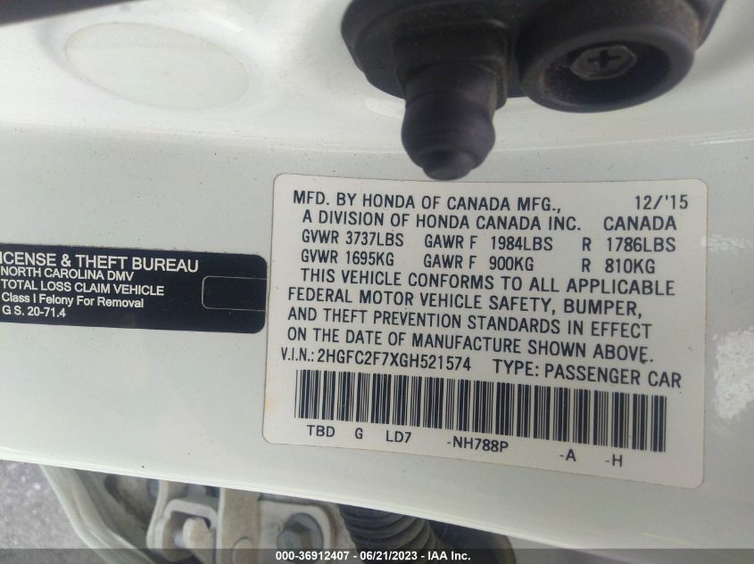 2016 HONDA CIVIC SEDAN EX - 2HGFC2F7XGH521574