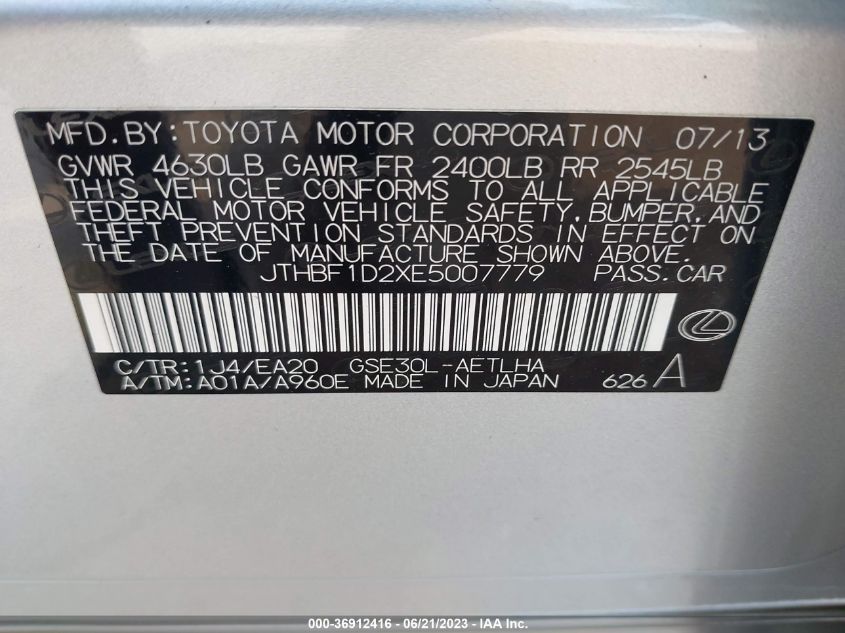 2014 LEXUS IS 250 - JTHBF1D2XE5007779
