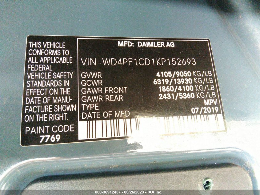 2019 MERCEDES-BENZ SPRINTER VAN WD4PF1CD1KP152693
