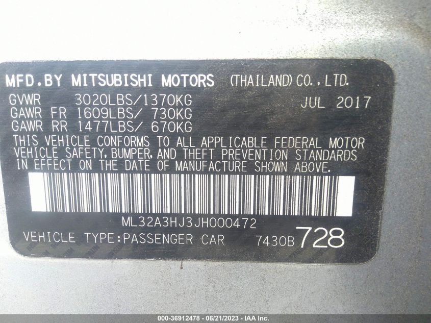 2018 MITSUBISHI MIRAGE ES - ML32A3HJ3JH000472