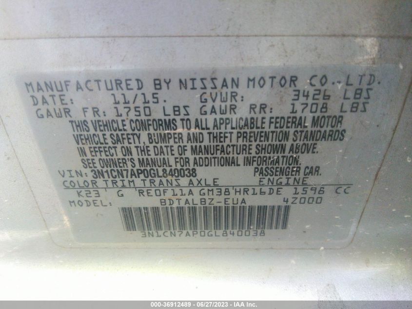 2016 NISSAN VERSA S/S PLUS/SL/SV - 3N1CN7AP0GL840038