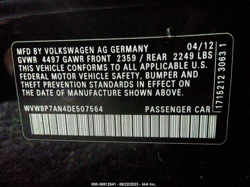 2013 VOLKSWAGEN CC SPORT - WVWBP7AN4DE507564