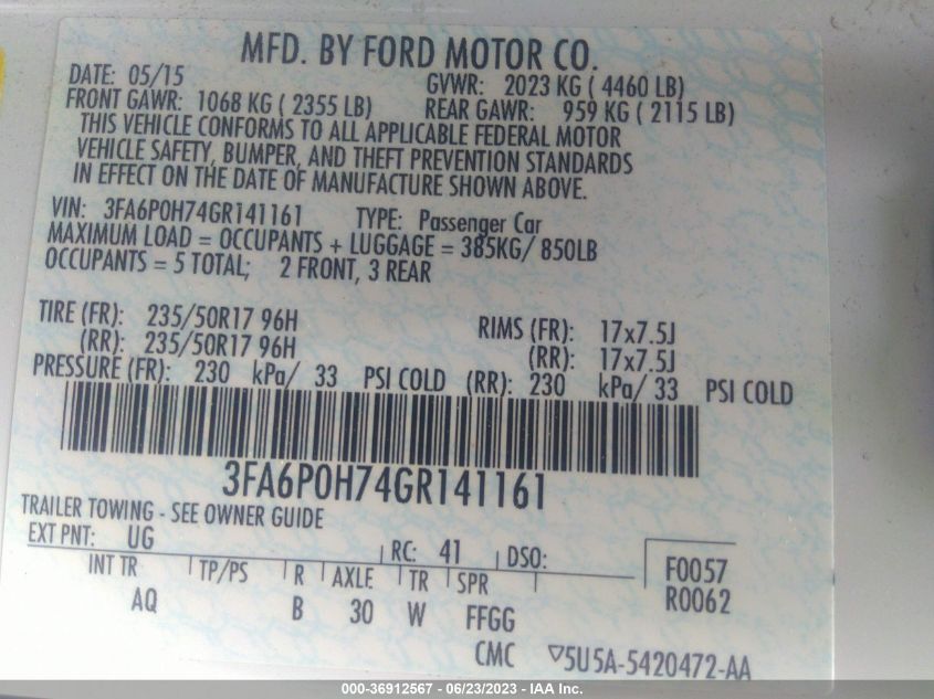 2016 FORD FUSION SE - 3FA6P0H74GR141161