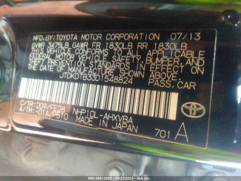 2013 TOYOTA PRIUS C ONE/TWO/THREE/FOUR - JTDKDTB33D1548824