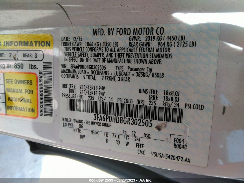 2016 FORD FUSION SE - 3FA6P0HD8GR302505